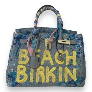 Anca Barbu Beach Custom Paint Splatter Blue Leather Satchel Handbag Twilly